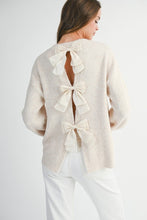 Load image into Gallery viewer, MABLE Soft Knit Open Back Sweater with Stitched Organza Bow Closure in Oatmeal