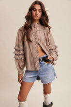 Load image into Gallery viewer, Listicle Lace Ruffle Sleeve Pintuck Blouse in Ash Mocha