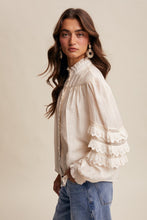 Load image into Gallery viewer, Listicle Lace Ruffle Sleeve Pintuck Blouse in Cream