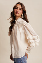 Load image into Gallery viewer, Listicle Lace Ruffle Sleeve Pintuck Blouse in Cream