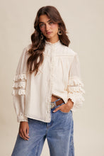 Load image into Gallery viewer, Listicle Lace Ruffle Sleeve Pintuck Blouse in Cream