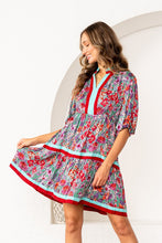 Load image into Gallery viewer, Sew in Love Floral Print Tiered Mini Dress with Contrasting Stripes in Green/Red