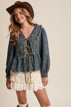 Load image into Gallery viewer, Listicle Ditsy Floral Print Denim Tie Front Jacket in Amber Blue