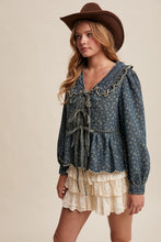 Load image into Gallery viewer, Listicle Ditsy Floral Print Denim Tie Front Jacket in Amber Blue