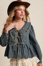 Load image into Gallery viewer, Listicle Ditsy Floral Print Denim Tie Front Jacket in Amber Blue