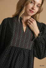 Load image into Gallery viewer, Umgee Polka Dot Plaid Trim Babydoll Dress in Black