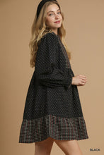 Load image into Gallery viewer, Umgee Polka Dot Plaid Trim Babydoll Dress in Black