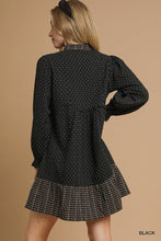 Load image into Gallery viewer, Umgee Polka Dot Plaid Trim Babydoll Dress in Black
