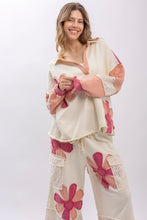 Load image into Gallery viewer, BlueVelvet Collared V Neck Flower Patched Top in White-Pink