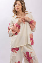 Load image into Gallery viewer, BlueVelvet Collared V Neck Flower Patched Top in White-Pink