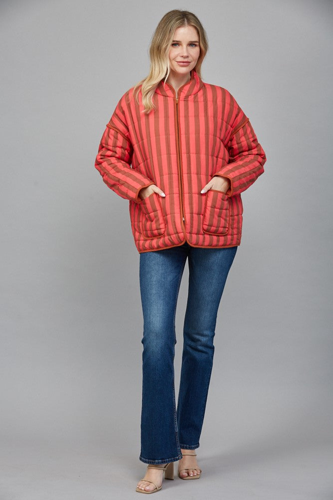 FATE Contrasting Color Striped Quilted Jacket in Coral Brown