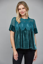 Load image into Gallery viewer, FATE Lace Detail Velvet Baby Doll Top in Teal Green