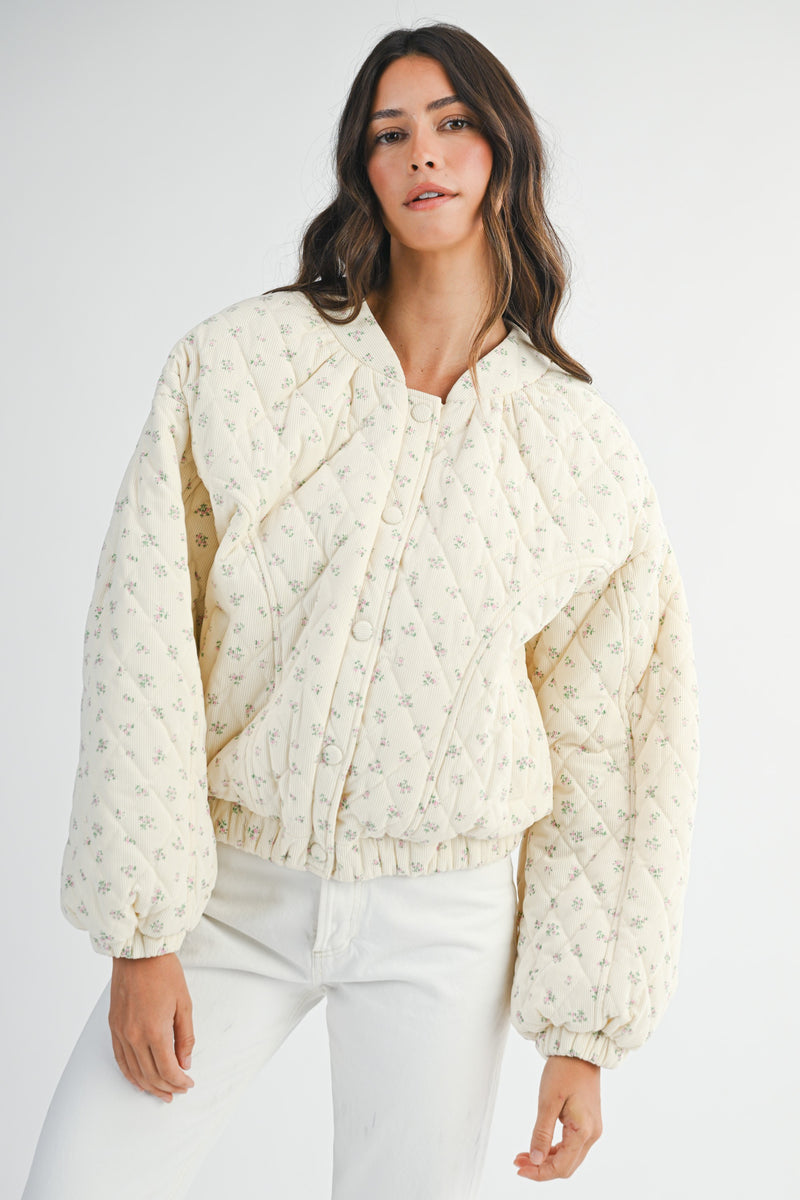 MABLE Quilted Floral Print CROPPED Bomber Jacket in Cream – June Adel