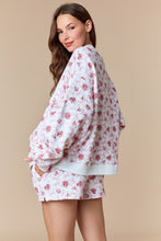 Load image into Gallery viewer, Peach Love Floral and Bow Print Terry Knit Sweatshirt in Off White/Pink