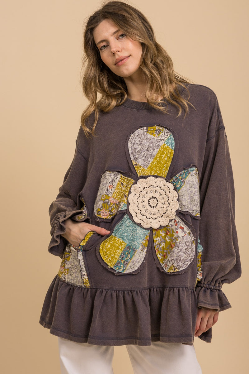 トップス LEINWANDE patchwork ruffled hem top BlueVelvet French Terry Flower Patchwork Top in Washed Denim