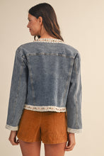 Load image into Gallery viewer, AnnieWear CROPPED Lace Trimmed Denim Jacket in Medium Denim