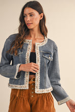 Load image into Gallery viewer, AnnieWear CROPPED Lace Trimmed Denim Jacket in Medium Denim