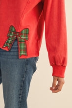 Load image into Gallery viewer, AnnieWear Mineral Washed Christmas Plaid Bow Embroidered Sweatshirt in Red