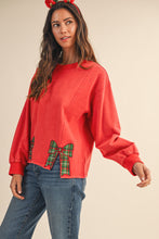 Load image into Gallery viewer, AnnieWear Mineral Washed Christmas Plaid Bow Embroidered Sweatshirt in Red