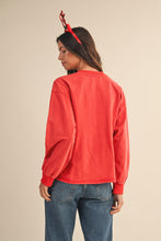 Load image into Gallery viewer, AnnieWear Mineral Washed Christmas Plaid Bow Embroidered Sweatshirt in Red