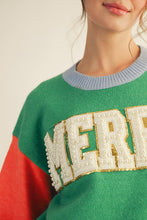 Load image into Gallery viewer, Jodifl Color Block Knit Sweater with MERRY Letter Patch Front and Pearl Accents in Green Mix