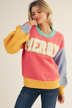 Load image into Gallery viewer, Jodifl Color Block Knit Sweater with MERRY Letter Patch Front and Pearl Accents in Flamingo Mix