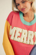 Load image into Gallery viewer, Jodifl Color Block Knit Sweater with MERRY Letter Patch Front and Pearl Accents in Flamingo Mix