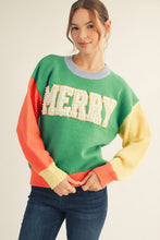 Load image into Gallery viewer, Jodifl Color Block Knit Sweater with MERRY Letter Patch Front and Pearl Accents in Green Mix