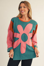 Load image into Gallery viewer, Jodifl OVERSIZED Colorblock Flower Patched Top in Teal
