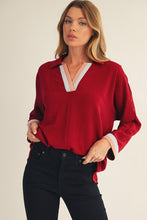 Load image into Gallery viewer, Jodifl Solid Color Crinkle Top with Contrasting Color Block Striped Trim in Burgundy