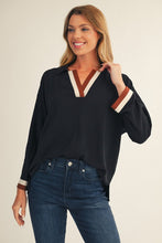 Load image into Gallery viewer, Jodifl Solid Color Crinkle Top with Contrasting Color Block Striped Trim in Black