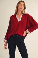 Load image into Gallery viewer, Jodifl Solid Color Crinkle Top with Contrasting Color Block Striped Trim in Burgundy