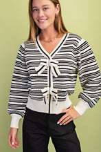 Load image into Gallery viewer, GiGio Striped Knit Sweater with Bow Details Front in Black