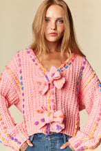 Load image into Gallery viewer, RARERAW Pom-Pom Knit Cardigan With Rainbow Bow Accents in Candy Pink ON ORDER