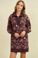 Load image into Gallery viewer, Doe & Rae Floral Half Zip Up Sweatshirt Dress in Burgundy Multi