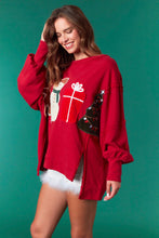 Load image into Gallery viewer, Fantastic Fawn OVERSIZED French Terry Top with Christmas Patch Front In Crimson