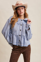 Load image into Gallery viewer, Listicle Peplum Hem Denim Jacket in Cloud Wash