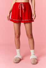 Load image into Gallery viewer, Peach Love Velvet Pajamas with Gingham ruffle Details in Red