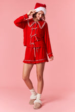 Load image into Gallery viewer, Peach Love Velvet Pajamas with Gingham ruffle Details in Red