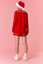 Load image into Gallery viewer, Peach Love Velvet Pajamas with Gingham ruffle Details in Red