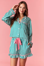 Load image into Gallery viewer, Peach Love Merry & Bright Embroidered Striped Pajamas with Velvet Details in Kelly Green/Pink