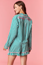 Load image into Gallery viewer, Peach Love Merry & Bright Embroidered Striped Pajamas with Velvet Details in Kelly Green/Pink