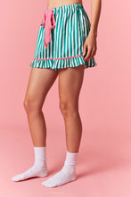 Load image into Gallery viewer, Peach Love Merry & Bright Embroidered Striped Pajamas with Velvet Details in Kelly Green/Pink