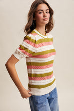Load image into Gallery viewer, Listicle Striped Pointelle Knit Top in Olive Coral
