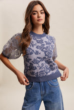 Load image into Gallery viewer, Listicle Rose Embroidered Contrast Knit Top in Denim Blue