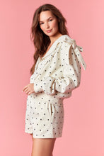 Load image into Gallery viewer, Peach Love Polka Dot French Terry Jacket with Bow Tie Details in Cream/Black