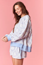 Load image into Gallery viewer, Peach Love Floral Scarf Print French Terry Sweatshirt in Light Blue Multi