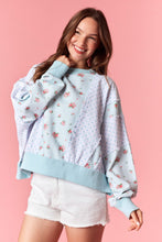 Load image into Gallery viewer, Peach Love Ditzy Floral and Polka Dot OVERSIZED Terry Knit Top in Light Blue