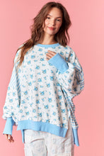 Load image into Gallery viewer, Peach Love OVERSIZED Floral and Striped Terry Knit Top in Light Blue
