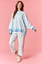 Load image into Gallery viewer, Peach Love OVERSIZED Floral and Striped Terry Knit Top in Light Blue